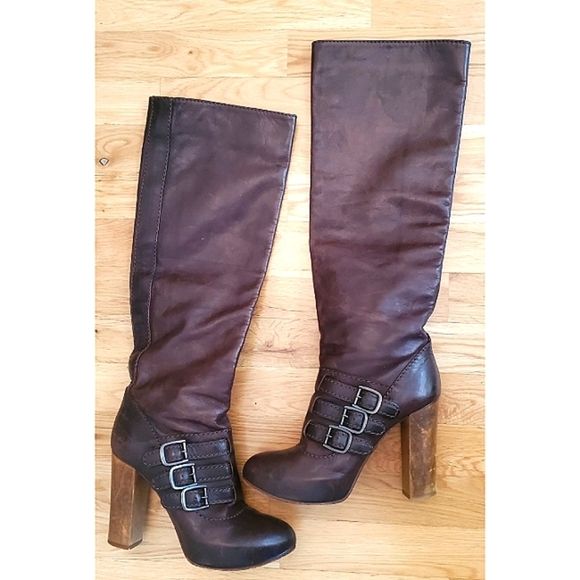 Chloe Three Buckle Wooden Heel Knee-high Leather Boot Size US 7 Brown - Picture 3 of 15